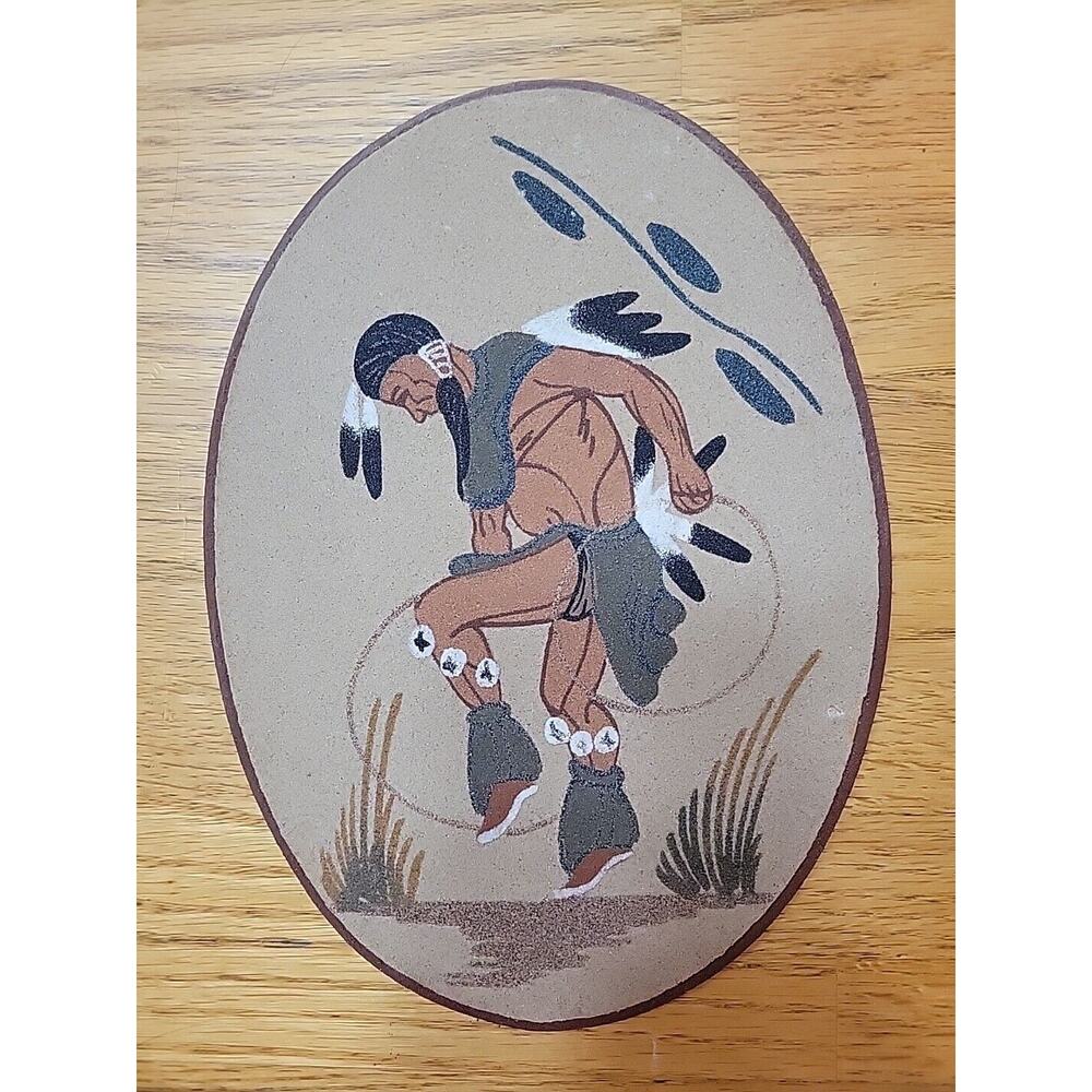 Native Navajo Sand Art Painting Hoop Dancer 10" X 7" Oval By Freddie Nelson